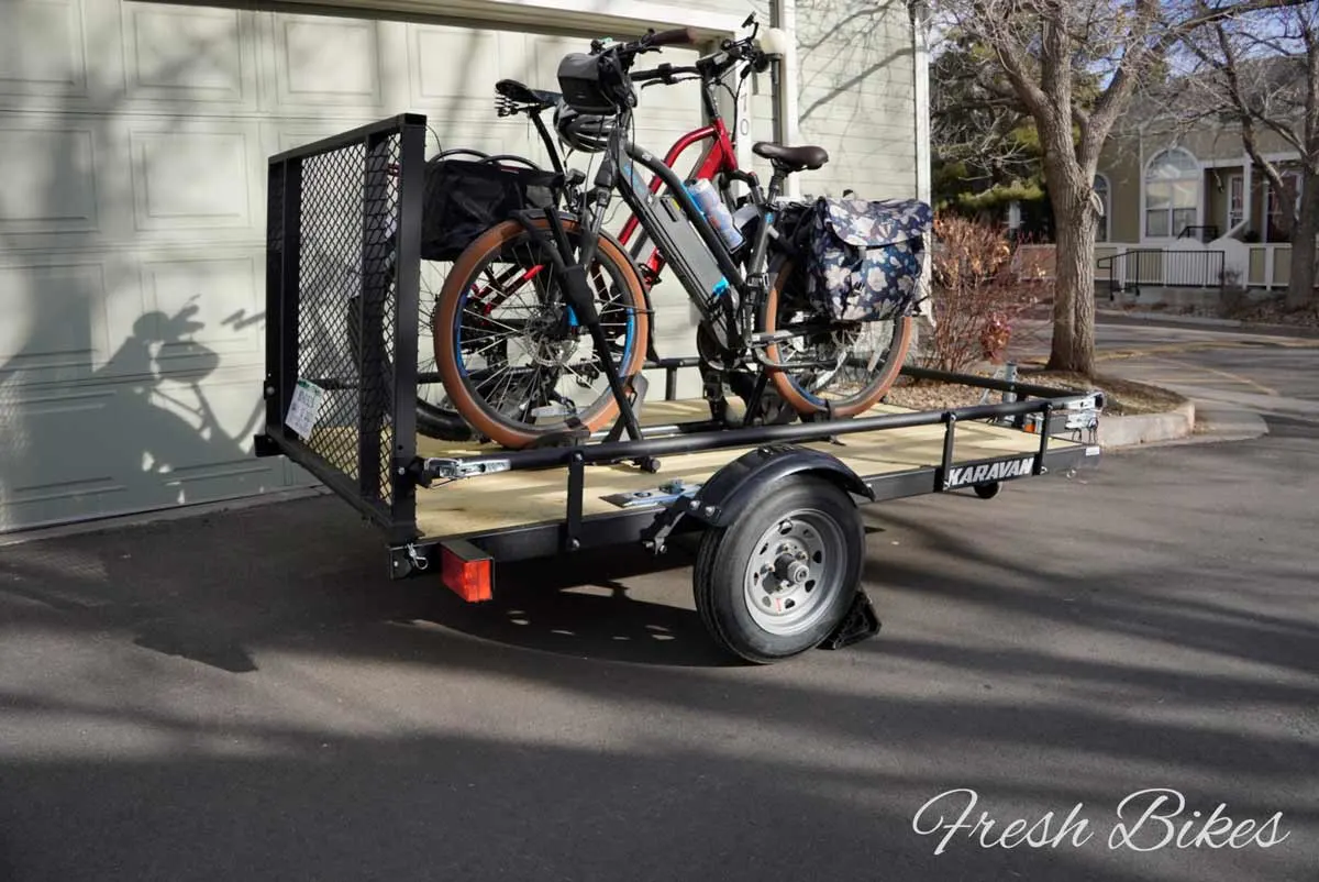View from the back of the completed trailer with two e-bikes loaded.