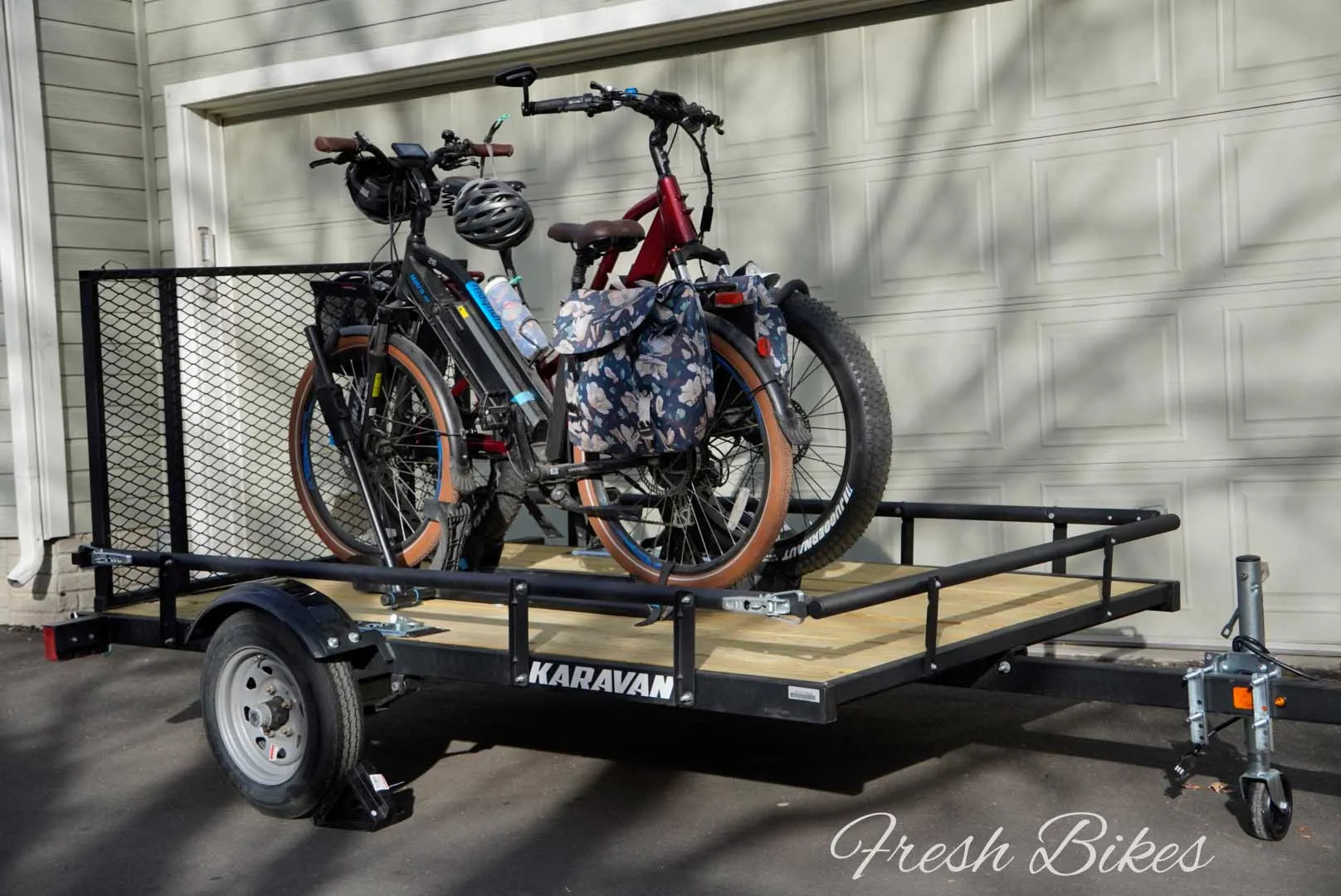 View from the front of the e-bike trailer with two e-bikes loaded and secured.