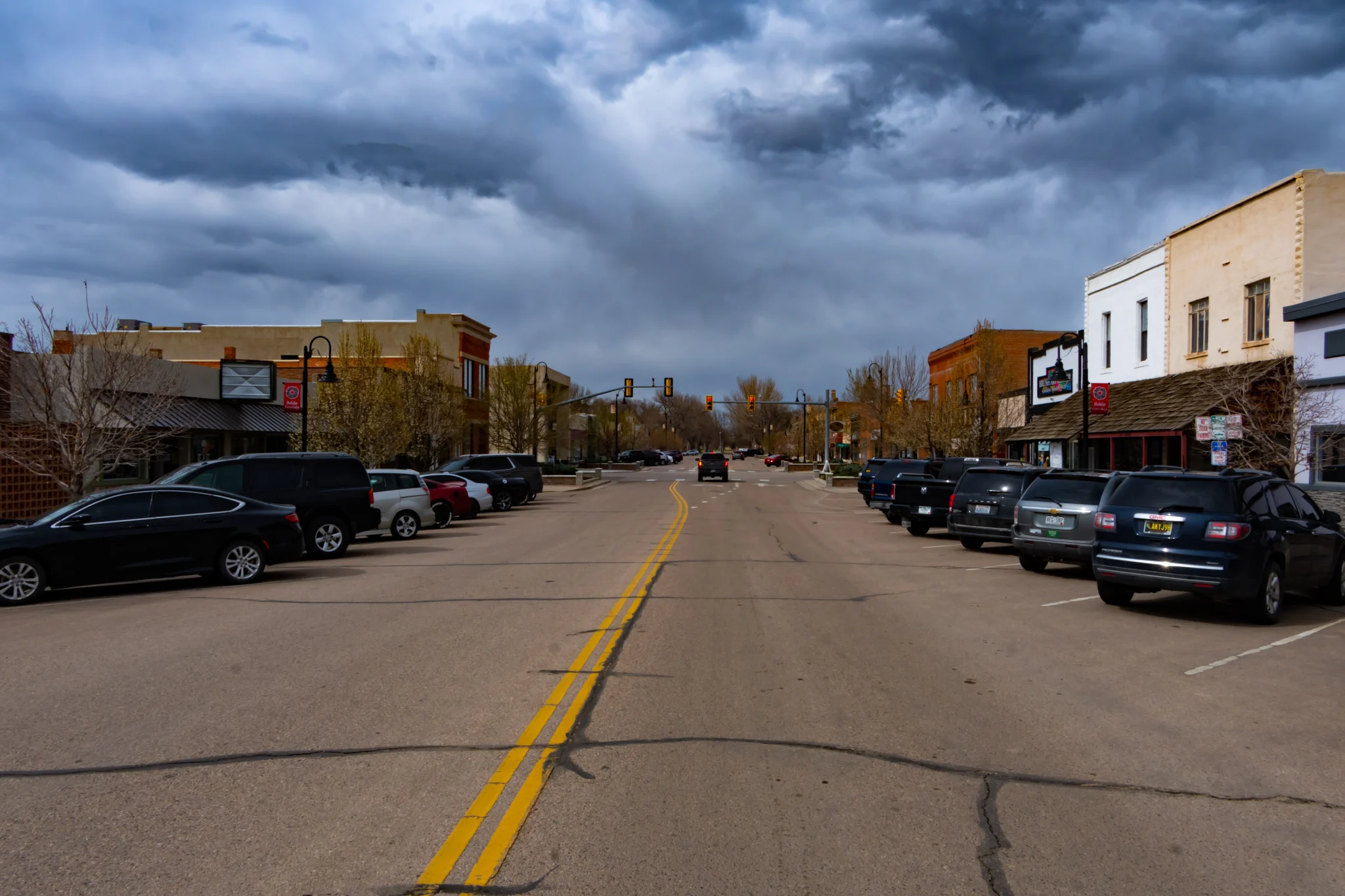 View of downtown Brush, Colorado looking north at the business district.